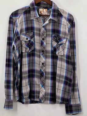 409 OP Vintage Men's Large Gray, Black & Purple Plaid Button-Down Shirt